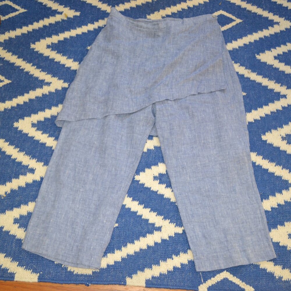 Bryn Walker Asymmetric Wrap Skirt 100% Linen Crop Pant SMALL Blue Chambray USA